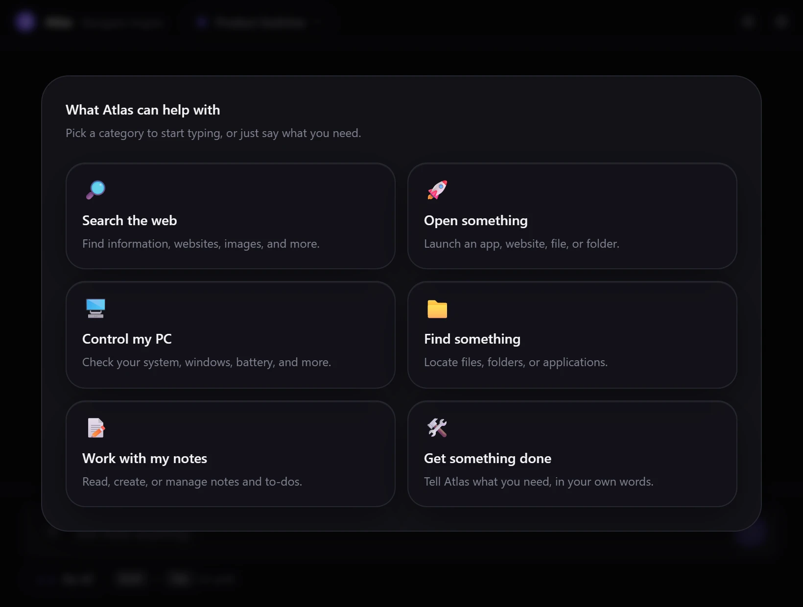 Atlas listing what it can help with: search, open, control the PC, find, notes.