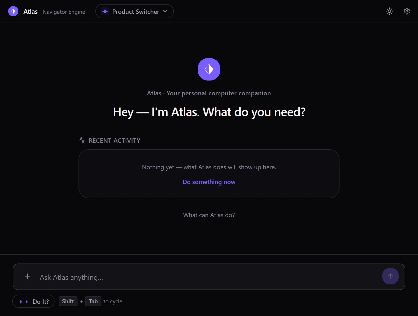 Atlas home: a greeting, recent activity and a message box.