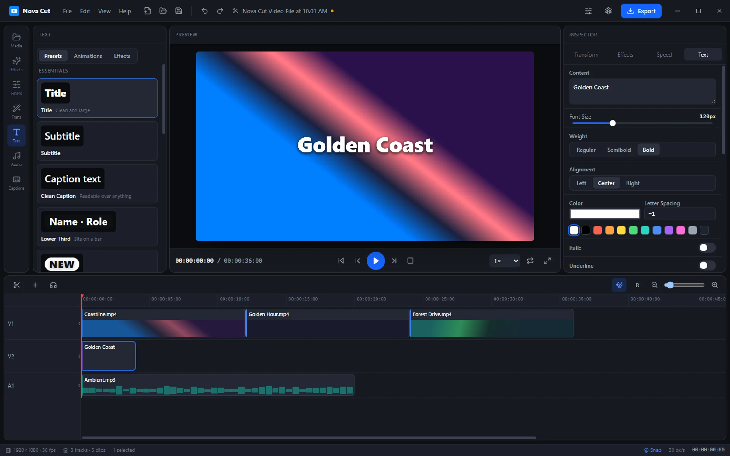 The NovaCut editor: media library, preview, inspector and a three-track timeline.