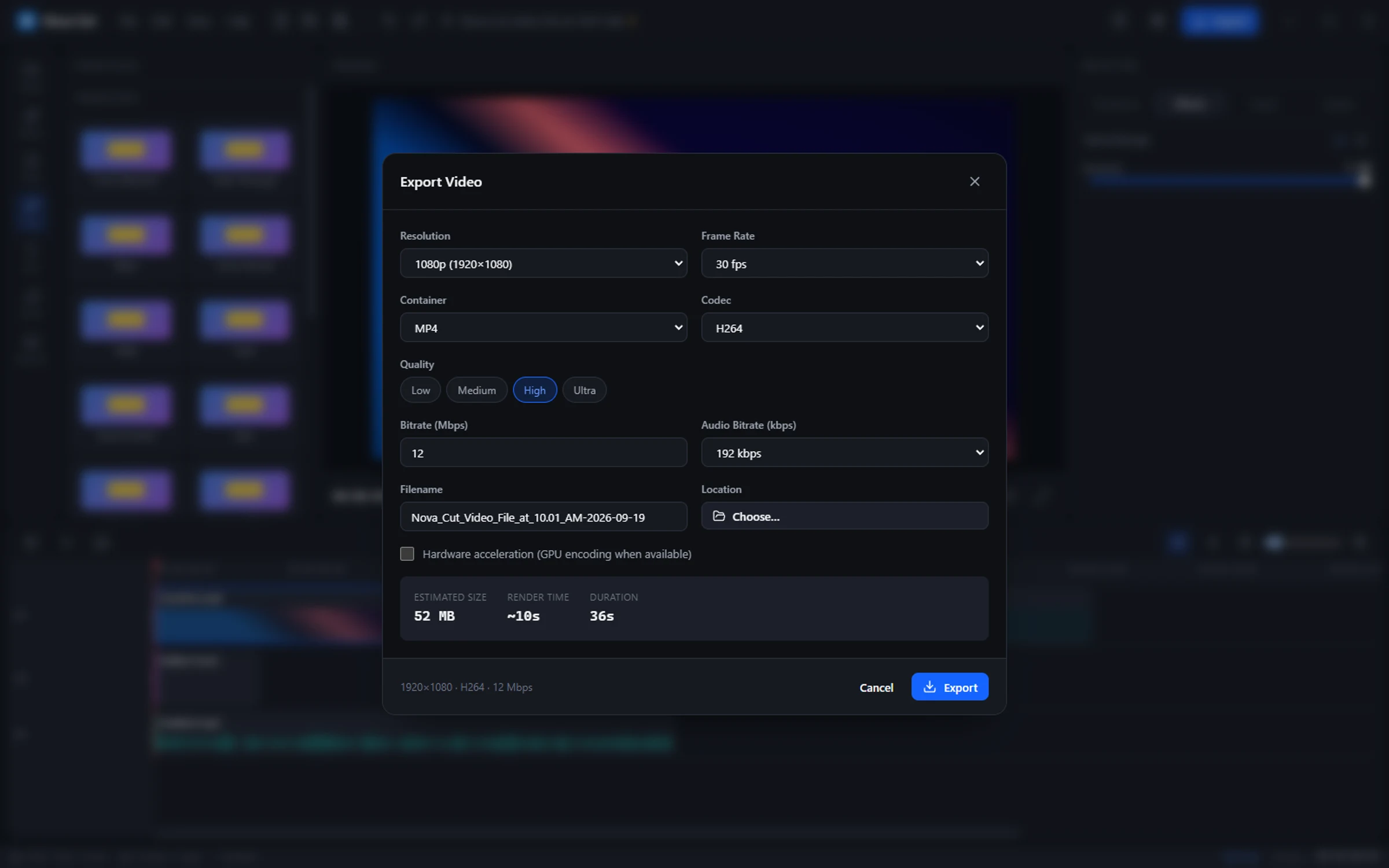 The NovaCut export dialog with resolution, frame rate, codec and quality choices.