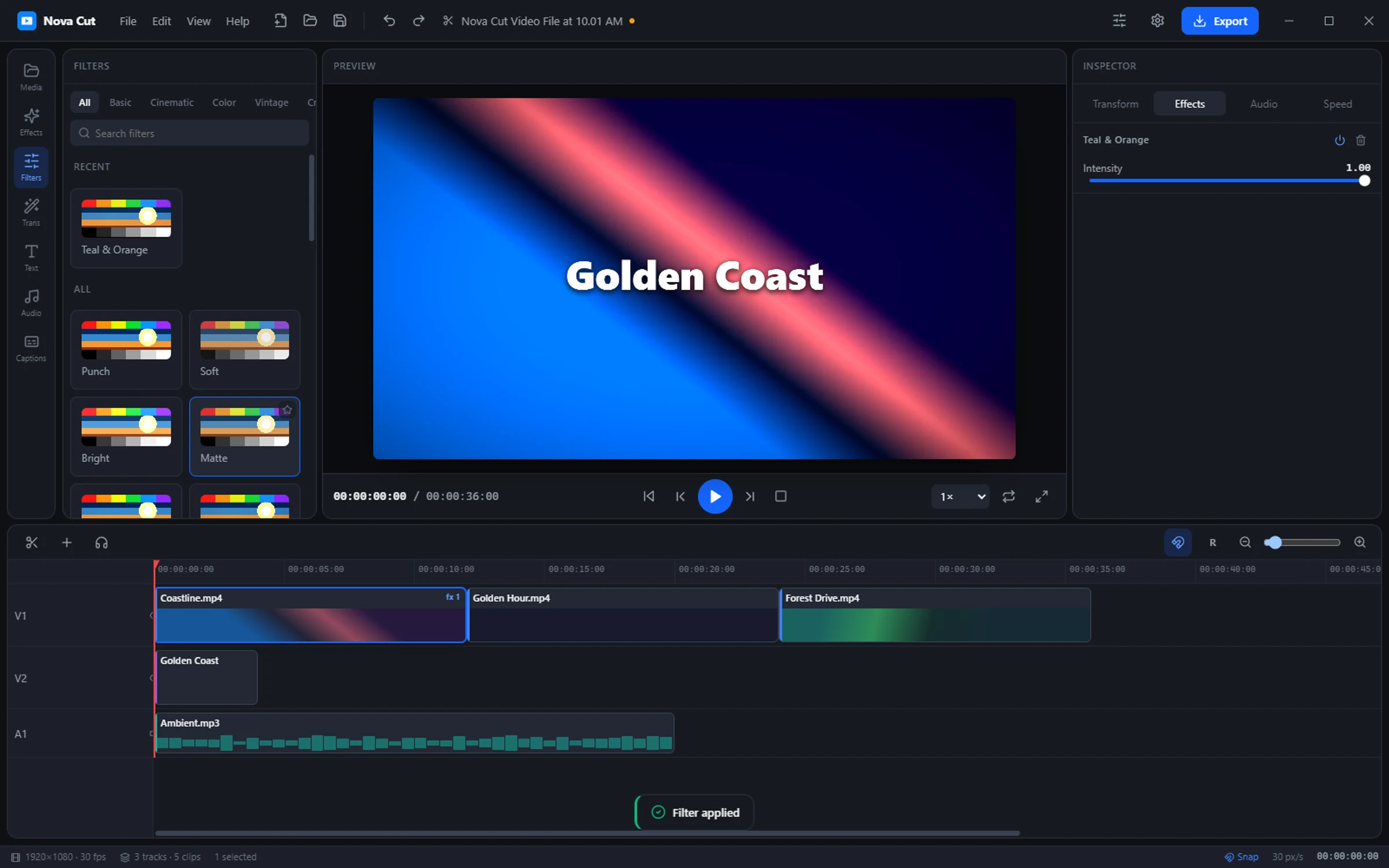 NovaCut with a color filter applied to a clip, and its intensity in the inspector.