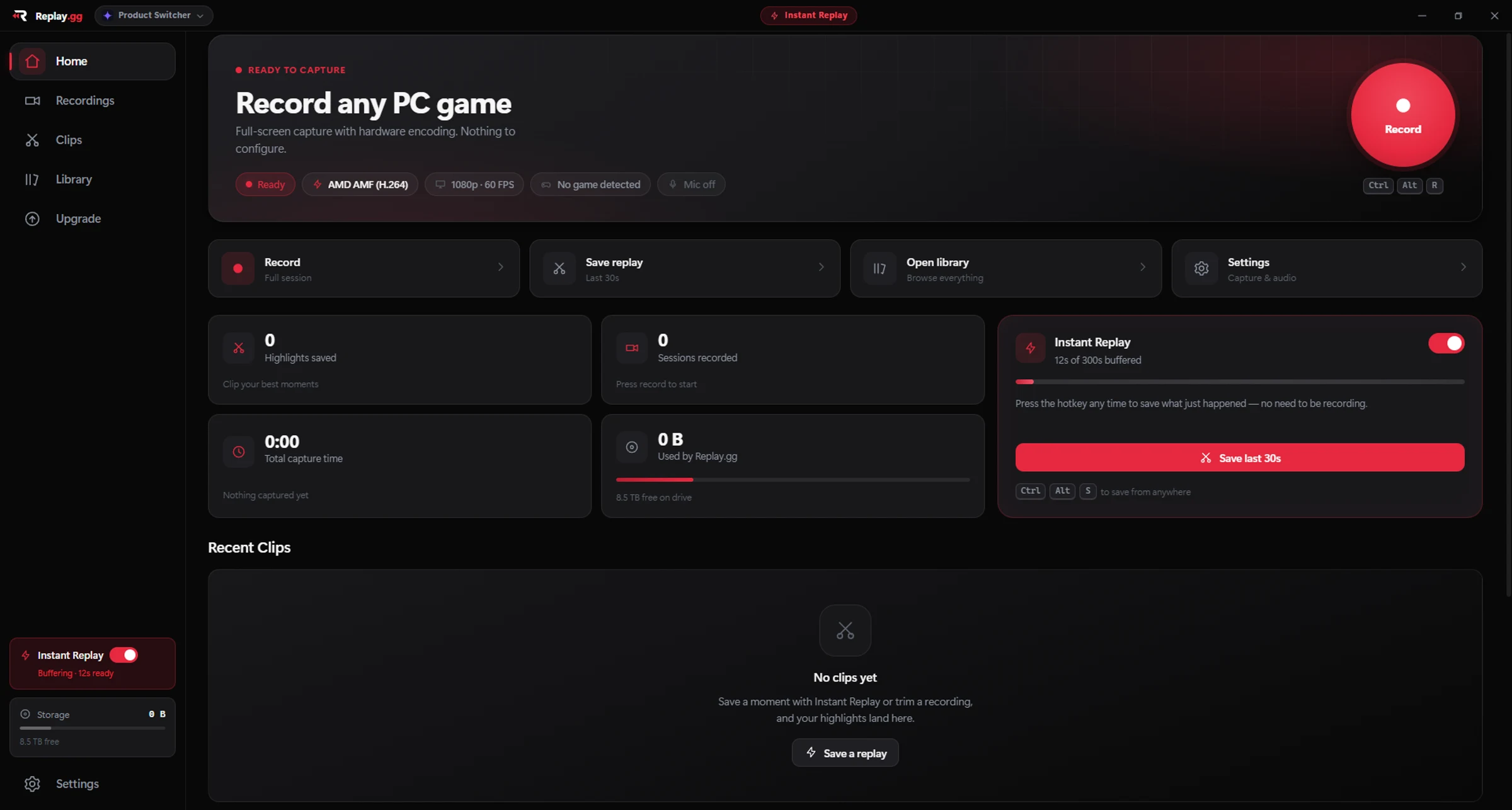 Replay.GG home: ready to capture, with record, instant replay and clip shortcuts.